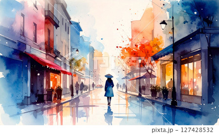 Modern city scene in watercolor style showing a peaceful urban street with tall glass buildings, warm light reflections, and silhouettes of walking people. A minimal yet vibrant cityscape illustration Modern city scene in watercolor style showing a peaceful urban street with tall glass buildings, warm light reflections, and silhouettes of walking people. A minimal yet vibrant cityscape illustration 127428532