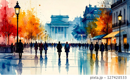 Modern city scene in watercolor style showing a peaceful urban street with tall glass buildings, warm light reflections, and silhouettes of walking people. A minimal yet vibrant cityscape illustration Modern city scene in watercolor style showing a peaceful urban street with tall glass buildings, warm light reflections, and silhouettes of walking people. A minimal yet vibrant cityscape illustration 127428533