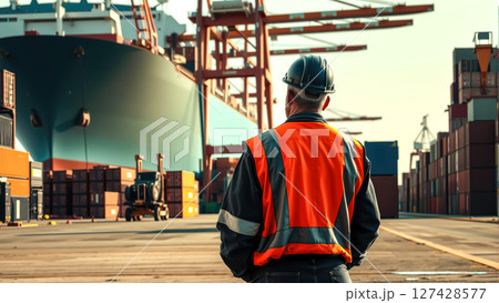 A man worker operates at a container cargo harbor, managing the loading of shipping containers. The concept of global trade, logistics, and industrial labor. Generative AI. 127428577