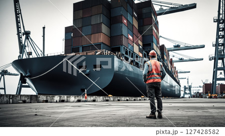 A man worker operates at a container cargo harbor, managing the loading of shipping containers. The concept of global trade, logistics, and industrial labor. Generative AI. 127428582