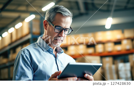 A man stands in a warehouse with a tablet computer, checking inventory statements for the presence of goods. The concept of logistics, supply chain management, and digital inventory control. Generativ 127428630