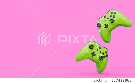 Realistic blue azure video game joysticks or gamepads on pink background Realistic blue azure video game joysticks or gamepads on pink background 127428966
