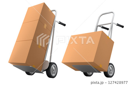 Set of Airport luggage cart or baggage trolley side with cardboard boxes or cartons 127428977