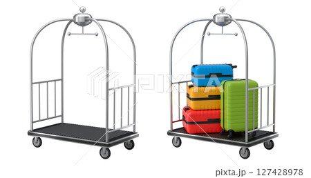 Set of Regular suitcase on hotel trolley cart for carrying baggage on white background 127428978