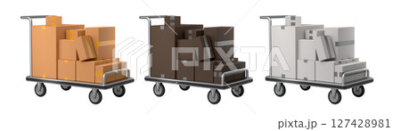 Set of Airport luggage cart or baggage trolley side with cardboard boxes or cartons 127428981
