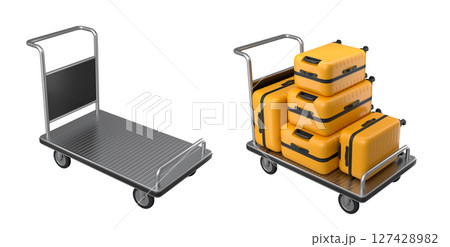 Set of Regular suitcase on hotel trolley cart for carrying baggage on white background 127428982