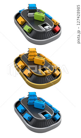 Set of Airport luggage conveyor belt or baggage claim area with suitcases on white. Set of Airport luggage conveyor belt or baggage claim area with suitcases on white. 127428985