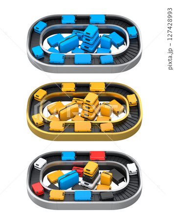 Set of Airport luggage conveyor belt or baggage claim area with suitcases on white. 127428993