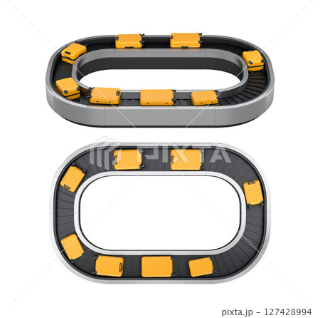 Set of Airport luggage conveyor belt or baggage claim area with suitcases on white. 127428994