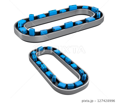 Set of Airport luggage conveyor belt or baggage claim area with suitcases on white. 127428996
