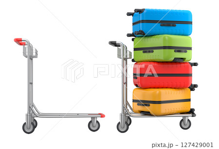 Set of Regular suitcase on hotel trolley cart for carrying baggage on white background 127429001