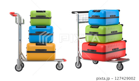 Set of Regular suitcase on hotel trolley cart for carrying baggage on white background Set of Regular suitcase on hotel trolley cart for carrying baggage on white background 127429002