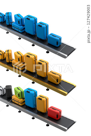 Set of Airport luggage conveyor belt or manufacture line with baggage on white. 127429003