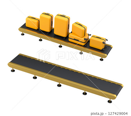 Set of Airport luggage conveyor belt or manufacture line with baggage on white. 127429004