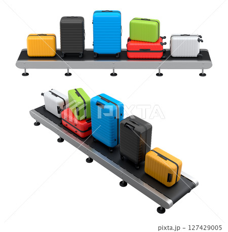 Set of Airport luggage conveyor belt or manufacture line with baggage on white. Set of Airport luggage conveyor belt or manufacture line with baggage on white. 127429005
