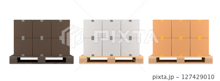 Set of wooden pallet for warehouse cargo storage with cardboard boxes on white Set of wooden pallet for warehouse cargo storage with cardboard boxes on white 127429010