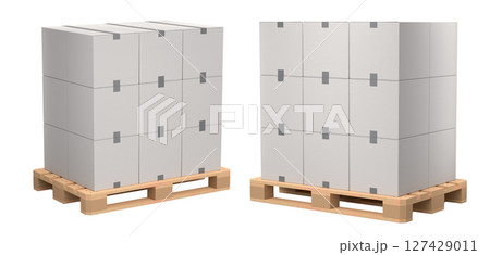 Set of wooden pallet for warehouse cargo storage with cardboard boxes on white Set of wooden pallet for warehouse cargo storage with cardboard boxes on white 127429011