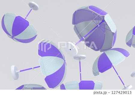 Many of flying striped beach umbrella for lounge zone on seashore on white Many of flying striped beach umbrella for lounge zone on seashore on white 127429013