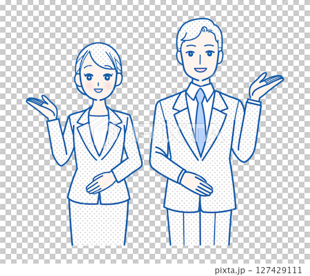 穿著西裝的男士和女士上半身插畫，展示如何指示方向 127429111