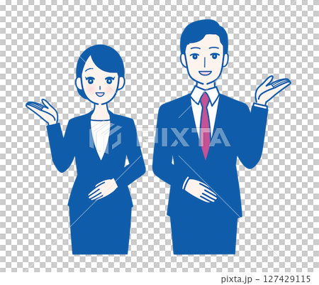 穿著西裝的男士和女士上半身插畫，展示如何指示方向 127429115