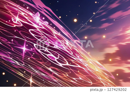 ピンクの光線が走る未来的な空 127429202