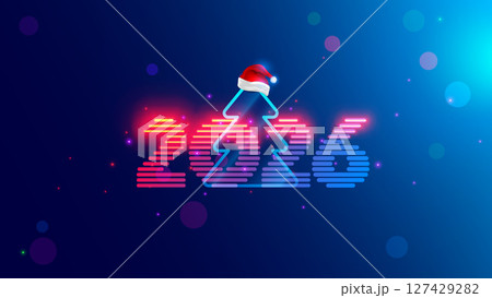 The New Year banner of 2026. Christmas tree with neon numbers 2026. A celebration banner in the tech style of computer cyberpunk. A poster for a Christmas party in a technologies cyber design. 127429282