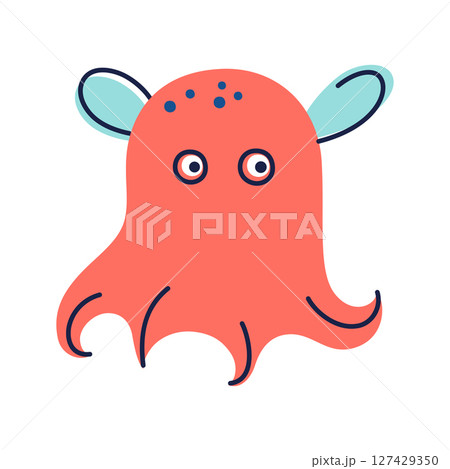 Vector illustration of cute dumbo octopus in kids doodle cartoon style. Deep sea Grimpoteuthis animal icon. Marine creature for childrens designs, ocean themes, educational projects, colored clipart 127429350
