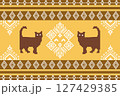 Thai Pixel Art Cats Pattern with Traditional Ornament 127429385