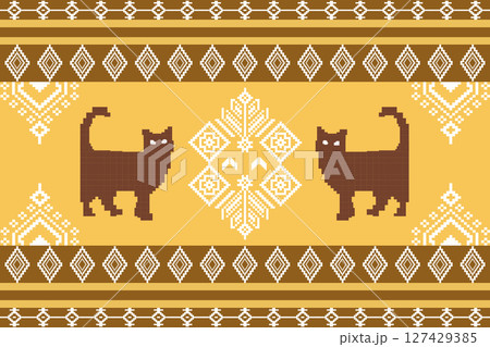 Thai Pixel Art Cats Pattern with Traditional Ornament 127429385