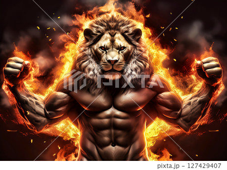 燃える炎と筋肉を鍛えるワイルドなライオンの3dイラスト 燃える炎と筋肉を鍛えるワイルドなライオンの3dイラスト 127429407