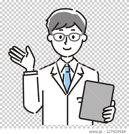 一名身穿白大褂的男子拿著活頁夾發出指示 127429584