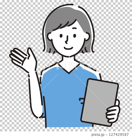 一位女士拿著剪貼簿解釋 127429587