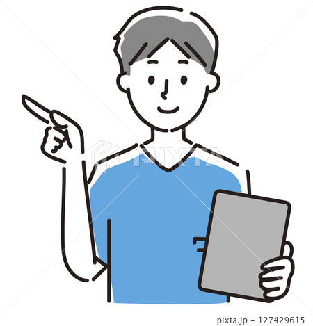 クリップボードを持って指差しする男性 127429615
