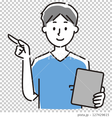クリップボードを持って指差しする男性 127429615