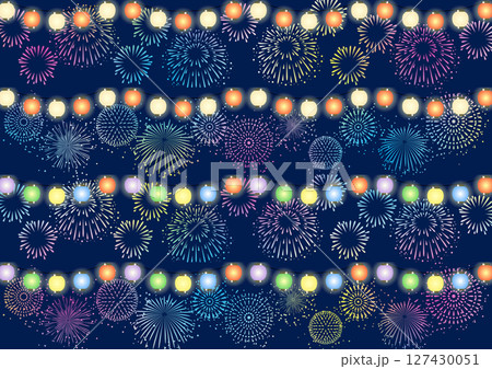 提灯と打ち上げ花火の日本の夏祭りバナーセット 127430051