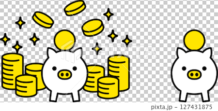 Simple icon illustration of a piggy bank and a large amount of coins, vector material, white, front view Simple icon illustration of a piggy bank and a large amount of coins, vector material, white, front view 127431875