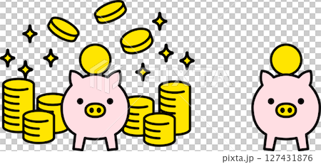 豬存錢筒和大量硬幣簡單圖示插畫向量素材正面 127431876