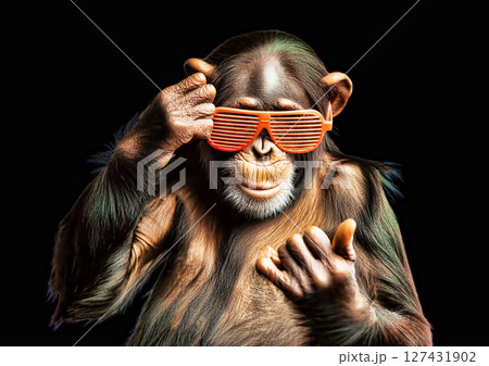 サングラスをかけて身振り手振りのチンパンジーの3dレンダリング 127431902