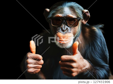 サングラスをかけて身振り手振りのチンパンジーの3dレンダリング 127431906