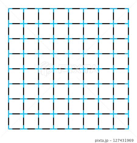 Grid with optical illusion of neon color spreading. Fluid borders between edges of a colored object and background in presence of dark lines. Blue circles appear, especially when viewed from distance. 127431969