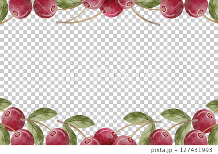 Frame watercolor illustration of cherry berries with green leaves, illustration juicy fruit red pink hand drawn Template rectangular for invitation, postcard, poster, packaging cosmetics, products 127431993