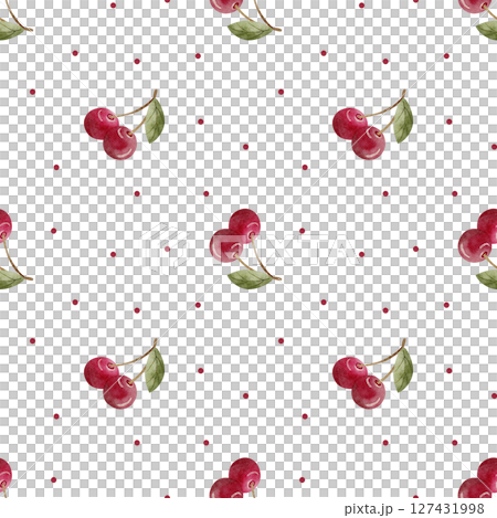 Pattern watercolor illustration of cherry berries green leaves dots red hand drawn. Seamless print in retro style on isolated background for design textiles, fabrics, packaging, clothes, postcard 127431998