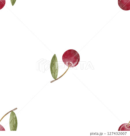 Pattern children's berries cherries green leaves watercolor illustration fruit hand drawn. Seamless simple minimalistic print on isolated background for design textiles, fabrics, clothes, postcard 127432007