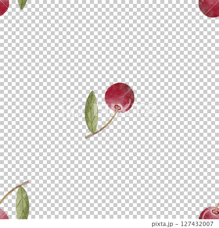 Pattern children's berries cherries green leaves watercolor illustration fruit hand drawn. Seamless simple minimalistic print on isolated background for design textiles, fabrics, clothes, postcard 127432007