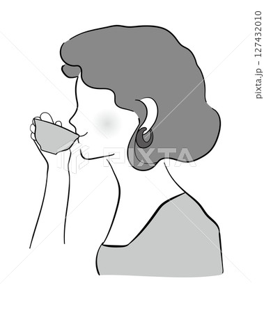 お茶を飲む女性 モノクロ お茶を飲む女性 モノクロ 127432010