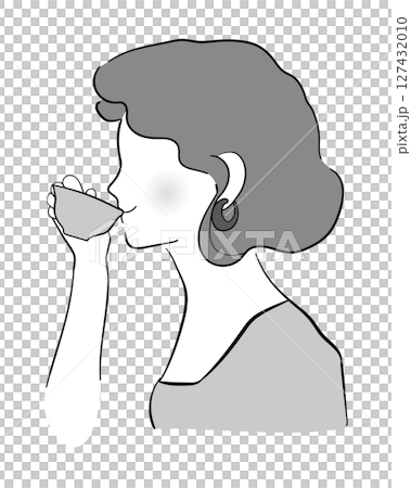 お茶を飲む女性 モノクロ お茶を飲む女性 モノクロ 127432010