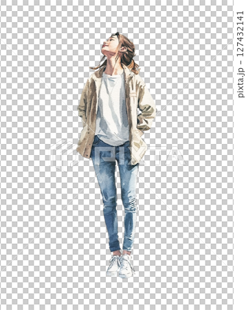 [全身站立圖]身穿米白色夾克和牛仔褲的女性插圖 127432141