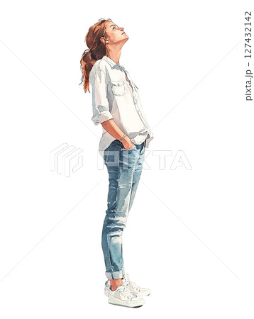 【全身立ち絵】白シャツとデニムの女性のイラスト 【全身立ち絵】白シャツとデニムの女性のイラスト 127432142