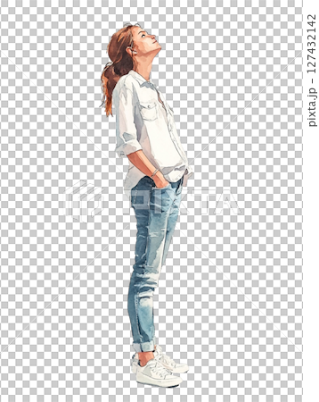 [全身站立圖]身穿白襯衫和牛仔褲的女人的插圖 127432142