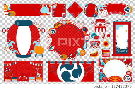 日本の夏祭りの和風背景フレームとポップなイラスト素材セット_提灯や風物詩など 127432379